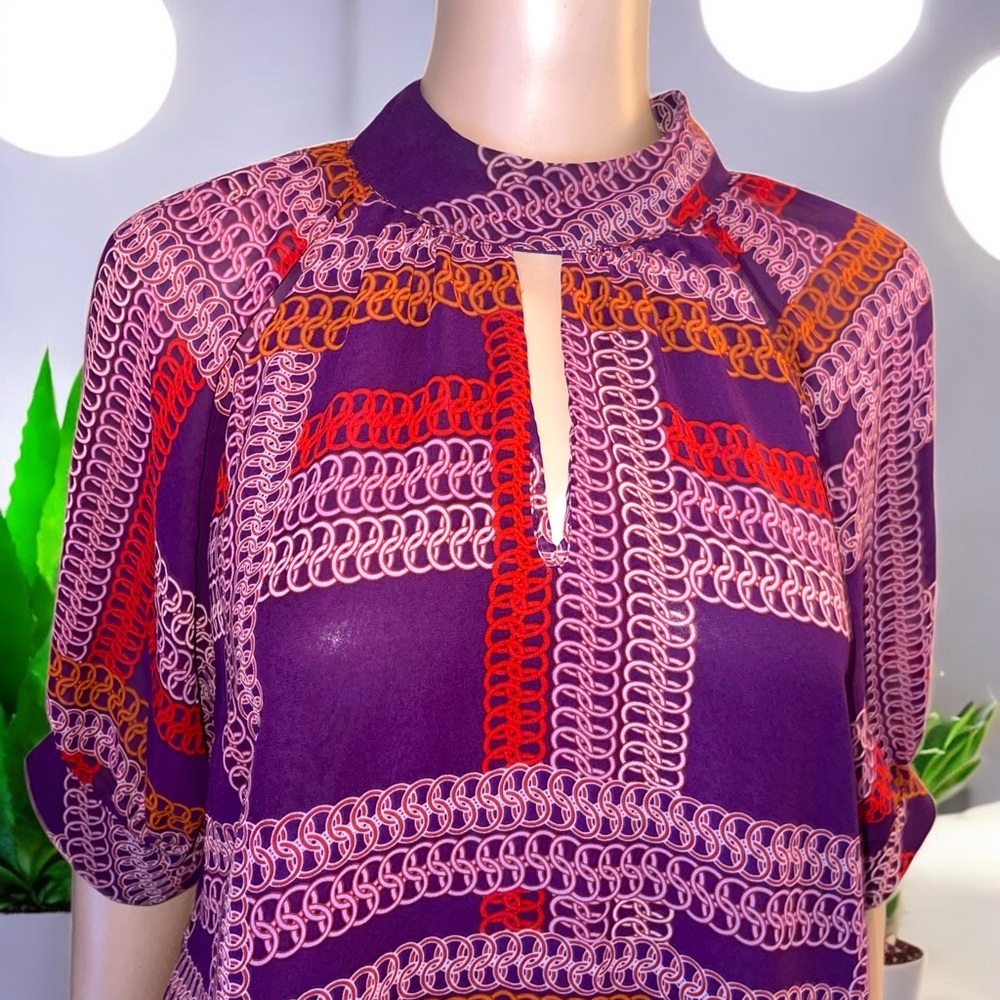 New York & Company Printed Dolman-Sleeve Keyhole Neck Waist Tie Blouse - Picture 8 of 15